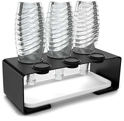 Panteer ® Flaschenhalter für SodaStream Flaschen - Abtropfhalter aus Edelstahl mit Keramikschale inkl. Deckelhalter und 3M® Silikonpads - Für 3 SodaStream Crystal UVM. (Weiß)