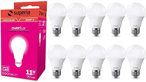 Superia Lampadina LED E27 Goccia, 11W (Equivalenti 70W), Luce Calda 3000K RA80, Luminosa 965 lumen, copertura opale A60, Attacco edison, Risparmio Energetico, GE27C Pacco da 10