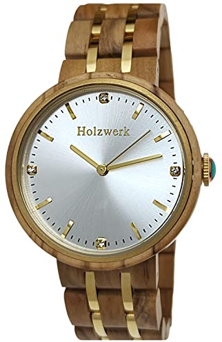 Holzwerk Designer Damen Öko Natur Holz Uhr Braun Gold Grün Lila Holz Armband Analog Klassisch Quarz (Braun..)