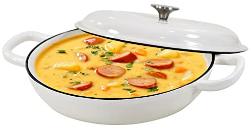 COOKWIN Enameled Cast Iron Braiser Pan, 3.8 Quart Shallow Dutch Oven with Lid, Heavy Duty Casserole Skillet with Dual Handles for Family or Friends Gifts, Oven-Safe to 500°F, White
