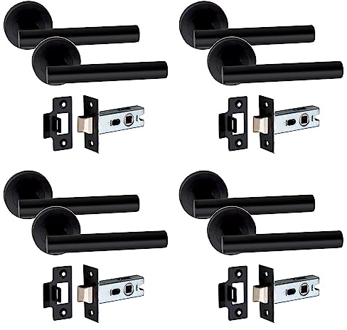 Golden Grace Straight T-Bar Door Handles with 2.5, Matt Black Finish | Supplied as a 4-pair multi-pack with 52mm round roses, offering durable metal construction for high-traffic doors.
