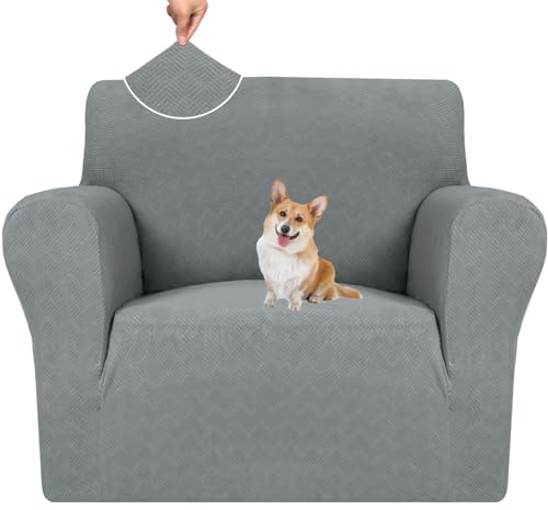 YSTELLAA Sofa Überzug 1 Sitzer, Stretch Sesselschoner, Sofaschoner rutschfest Mit Armlehne, Universal Sofabezug, Dicke Sofabezug Für Hunde Katzen Und Haustiere, Waschbare Sofa Cover, Hellgrau