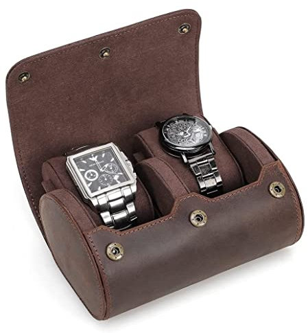 Uhrenkoffer Uhrenrolle Uhrenbox Uhrenschatulle Uhrenetui Aus Leder Mit 2 Gittern, Rollen, Reise, Schmuck, Uhren, Aufbewahrungsbox Und Zylindrische Uhrenschutzbox Uhrenetui Uhren Aufbewahrungsbox