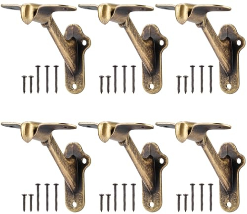 RealPlus Handrail Bracket, 3 Staircase Hand Rail Brackets for Stair Railing with Screws, Antique Brass (Pack of 6)
