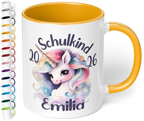 True Statements personalisierte Tasse Schulkind 2026, Goldgelb, Geschenk zur Einschulung für Mädchen, 330 ml Keramiktasse mit Einhorn, Einschulungsgeschenk 1. Klasse