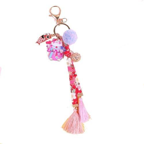 Yurosiay Glückskatze Schlüsselanhänger Japanische Stoff Blumen Stickerei Schlüsselbund Süße Winkekatze Schlüsselanhänger Mit Glocken Pompon Maneki Neko Schlüsselanhänger Katze Keychain Rosarot
