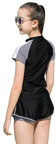 Girls Swimming Costume Swimsuits Kids Two-Piece Rashguard Swim Set Bathing Suits Beach Shorts Quick Dry Swim Shirts Size8,10-12,14-16(Black,10-12)