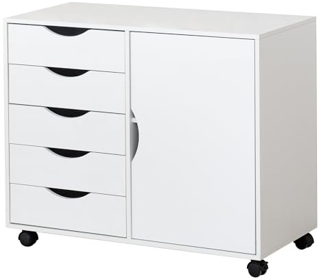 QDSSDECO 5-Drawer Chest with 1 Door, Wooden Storage Chest of Drawers, Mobile Dresser Cabinet with Wheels, Printer Stand for Home Office Bedroom