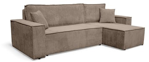 VENASI MÖBEL Ecksofa mit Schlaffunktion Hugo L, Hellbraun Cordstoff | Sofa mit Bettkasten, Schlaffläche 125 × 200 cm, inkl. Kissen & Aufbauanleitung