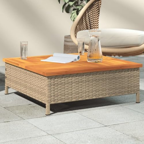 LAPOOH Gartentisch Beige 70x70x25 cm Rattan und Akazienholz, Gartentisch, Terrassentisch, Esstisch Garten, Gartenesstische, Gartenmöbel, Außentisch - 3281631