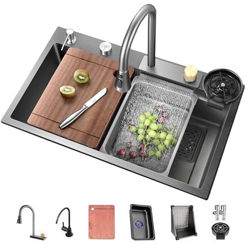 Nanobeschichtete EdelstahlspüLe, Wasserfall KüChe Waschbecken, SpüLbecken KüChe Komplett Set, Einbau SpüLe, MultifunktionsspüLe KüChe, KüChenspüLe 80cm