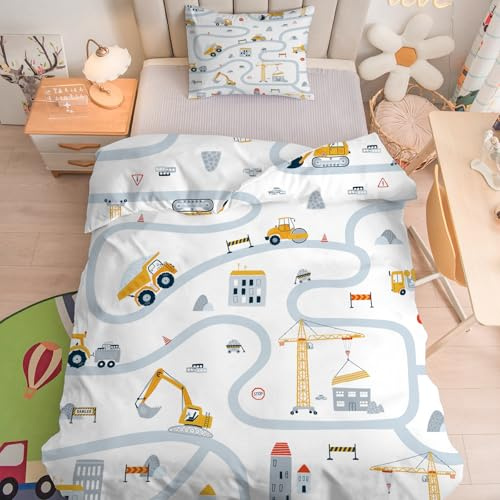 Linfye Kinderbettwäsche 100x135 cm Baby Bettwäsche Set Traktorjunge Weich Bettbezug 2 Teilig mit Reißverschluss - Weißer Bagger Kinder Bettbezüge 100 x 135 cm + 1 Kissenbezug 40x60 cm