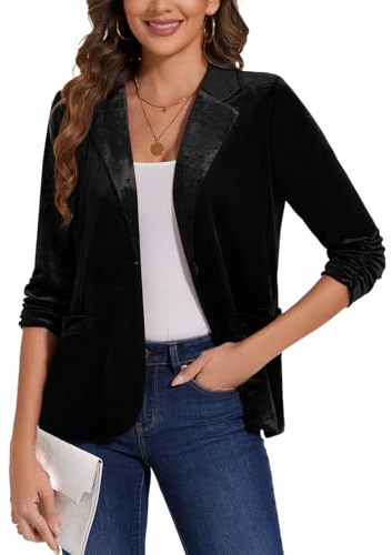 MINTLIMIT Womens 3/4 Sleeve Velvet Blazers Notch Lapel One Button Daily Jackets Half Lined with Pockets Winter Fall (Black XL)