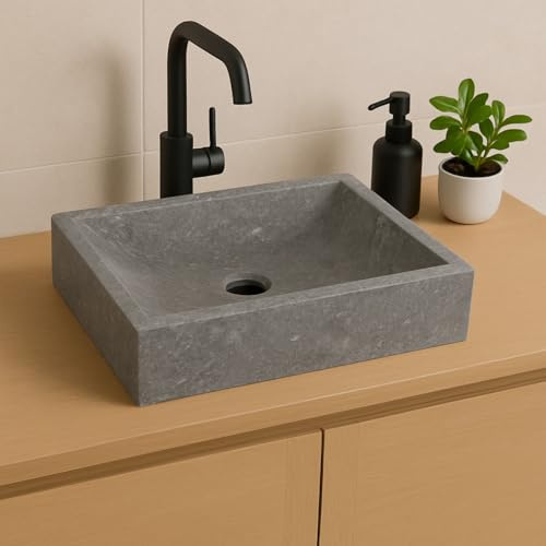 Lendo Online Lavabo Rectangular 45x30x12 cm - Cuenca de Mármol - Piedra Natural - Fregadero para baño - Pulido y sólido (Gris)