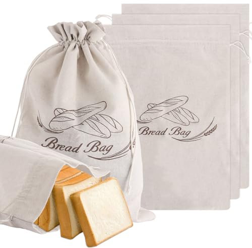 APACALI 4 Pack Linen Bread Bag 35 x 50cm, Bread Bags for Homemade Bread, Reusable Bread Storage Bag with Drawstring, Bread Bags to Keep Bread Fresh, Beige