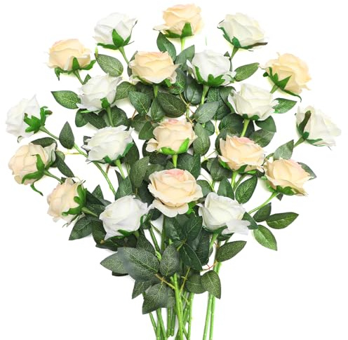 JUSTOYOU 20 PCS Rosen künstliche, doppelte Farbe Seide blühende Rose mit Stiel, künstliche Rose Bouquet Realistische Blume für Home Table Office Party Hochzeit Garten Arrangements (Champagner,weiß)