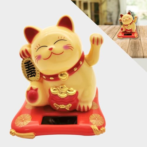 LetCart Winkekatze, Chinesische Lucky Cat, Glückskatze-Winkearm, Solarbetriebene Niedliche Glückskatze mit Winkendem Arm für Zuhause Büro Auto (Gelb)