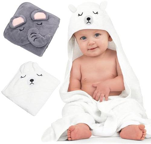 CUEMOON 2Pz Asciugamano con Cappuccio Asciugamano da Bagno in Bambù Organico per Bambini, Asciugamani Neonato Spessi e Assorbenti, per Neonati e Bambini 0-3 Anni