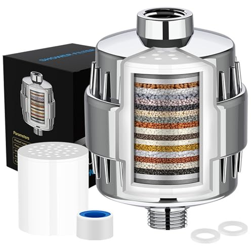 Filtro de ducha de 15 etapas con vitamina C para agua dura, filtro de cabezal de ducha suavizante de agua con cartucho de filtro multietapa reemplazable para eliminar metales pesados y cloro