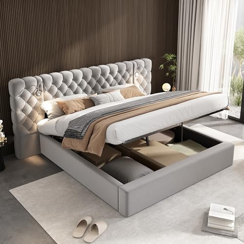 Ymkua Polsterbett Doppelbett 160x200 cm, Stauraumbett Bett mit LED-Leuchten, Bettgestell mit Stauraum Bettkasten, Jugendbett mit Weich Breit Kopfteil und Lattenrost aus Holz, Samt, Grau, Ohne Matratze