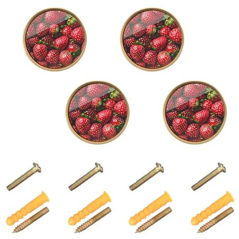 EtherSpher Anpassbare rote frische Erdbeer-Hardware für Schränke und Schubladen, Vintage-Knauf, 32 mm, Boho-Kommode, goldfarben, für Wohnzimmer, 4 Stück