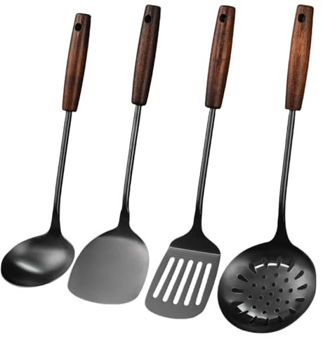 Set di utensili da cucina in acciaio inossidabile 304, 4 pezzi Include set di spatole in metallo, schiumatoio da cucina, mestolo da zuppa (Nero)
