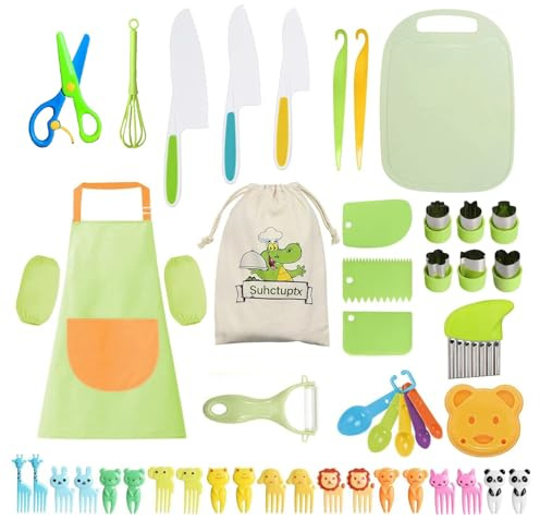 TOYSENTIALS 50 Pieces Kids Kitchen Knife Set/Toddler Safe Set for Real Cooking with Play Knife/Apron/Cookie Cutters/Plastic Toddler Knife/Cutting Board/Y-Peeler/Spoon/Fruit Fork