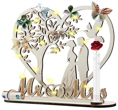 worahroe Geldgeschenk Hochzeit Holz mit Lichterketten, LED Geldgeschenke Verpackung Personalisierte Hochzeitsgeschenk Geld Geldbaum Ideen Hochzeit Geschenk für Brautpaar Männer Frauen