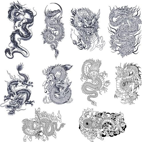 SSyang 10 Feuilles Tatouage Temporaire, Tatouage Ephemere Forme de Dragon, Faux Tatouages pour Adultes, Tatouages Preuve de l'eau Temporaires Autocollants Réalistes, pour Hommes et Femmes