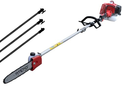 Synergy Podadora de Altura a Gasolina 62cc 4CV + 3 Alargos – Espada de 25cm, Motor 2 Tiempos, Arranque Easy Cut, Transmisión Reforzada, Arnés y Herramientas Incluidas