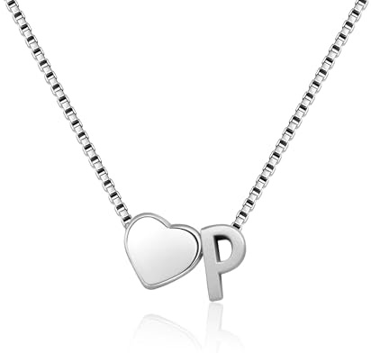 RMMD Silber Kette mit Buchstaben für Damen Mädchen, Halskette Damen Silber | 18K Weißgold Personalisierte Silber Kette mit Buchstabe P Herz Anhänger Silberkette Schmuck Geschenk für Frauen Freundin Mama