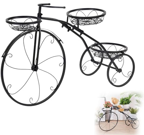 Soporte para Plantas de Bicicleta Vintage,Macetero de Hierro con 3 Cestas | Decoración Jardín y Terraza,Estantería Flores Exterior para Balcón,Patio