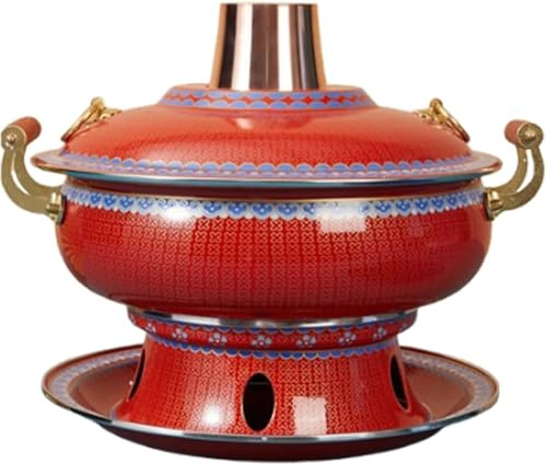 Generico Pentola Calda di Pechino, pentola Calda Cinese a Carbone, pentola Calda Vintage in Rame Rosso con Camino per carbonella, pentola Calda Shabu-Shabu per stufato da Campeggio,Rosso,34cm