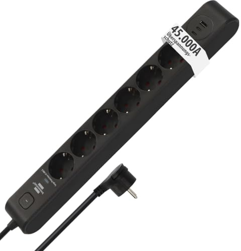 Brennenstuhl Steckdosenleiste 6-Fach mit USB und Überspannungsschutz 45.000A (Mehrfachsteckdose mit 2X USB C PD 36W zum Schnellladen und 1x USB A 36W, Schalter, 2m Kabel) schwarz