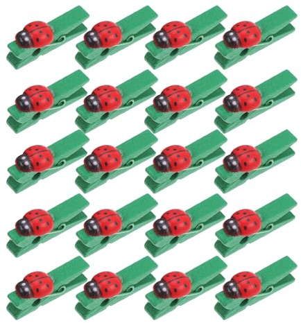 MUCKLILY Lot de 30 Mini Pinces à Linge Vertes en Bois Décorées de Coccinelles, Clips Photo Polyvalents pour Porte-Cartes, Bricolage, Organisation de Bureau et Décoration Intérieure