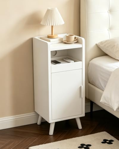 Askelierg Nachttisch Schmal 25 cm, Kleiner Nachttisch mit Schublade & Tür, Nachtschrank Kabelmanagement, Beistelltisch Platzsparend für Wohnzimmer, Schlafzimmer, 25x 30 x 61 cm (Weiß)