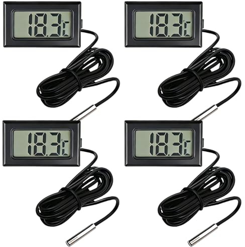 4 Pack Digital Thermometer with Waterproof Probe, Fridge Freezer Thermometer -50°C to 110°C, LCD Fridge Thermometer Digital Display for Refrigerator, Aquarium, Water and Soil Monitoring