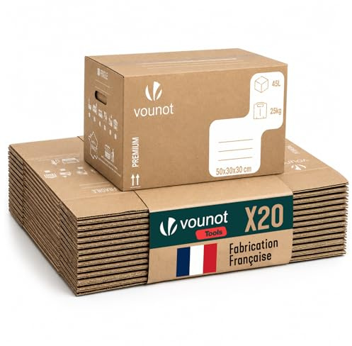 VOUNOT® Umzugskartons 20 Stück, Made in France, stabile Bücherkartons bis 25 kg, verstärkte Griffe, wiederverwendbar, Umzugskisten für Lagerung und Transport, Moving Boxes 50 x 30 x 30 cm, 45 L