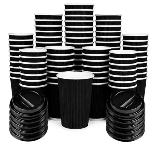 GCM [25 Pack Takeaway Coffee Cups with Lids | Disposable Insulated Triple Wall Ripple Kraft Paper Coffee Cups for Takeaway Coffee, Tea or hot Liquids | Pack of 25 (8 Oz.), Black