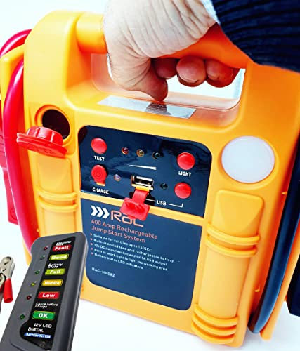 RAC 12v 400 Amp Rechargeable Compact Car Battery Booster Jump Starter Power Pack Includes 12v Battery & Alternator Tester