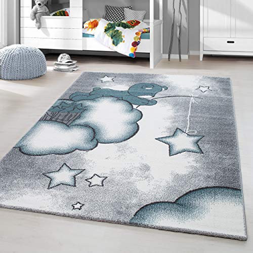 HomebyHome Kinderteppich Blau 160x230 cm Niedliches Bärenmuster Großer Jungen Teppich Kinderzimmer Kurzflor Teppich Extra Weich Antiallergen Babyzimmer Teppich