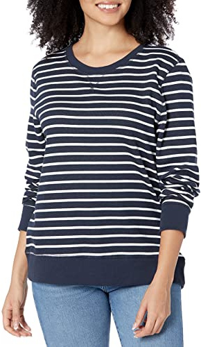 Amazon Essentials Dam Tröja i Fleece med Rund Hals (Finns i Extra Stor Storlek), Marinblå vit rand, XL