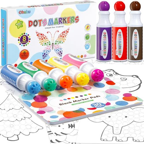 Ohuhu Bingo Dabbers, 8 Farben Auswaschbar Dot Marker für Kinder (40 ml) mit einem leeren 30 Seiten Kinder Activity Book für Vorschule ungiftig Wasser-basierte Punkt-Kunstmarker