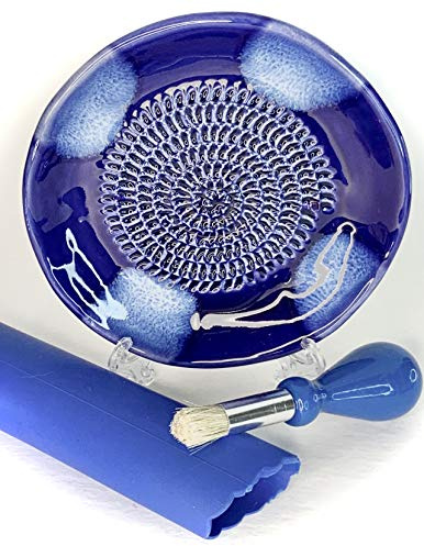 BonCera, All-in-one Premium Ceramic Garlic Grater Plate 4-Piece Set - Blue Cross Glazed Design and Style - For Garlic, Ginger, Chocolate, and more! - Comes with 5.25 Plate, Peeler, Brush, and Stand