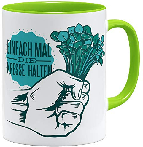 OM3® Einfach Mal Die Kresse Halten Kaffee-Tasse mit Spruch Statement - Keramik Becher - 11oz 325ml - Beidseitig Bedruckt - Hellgrün