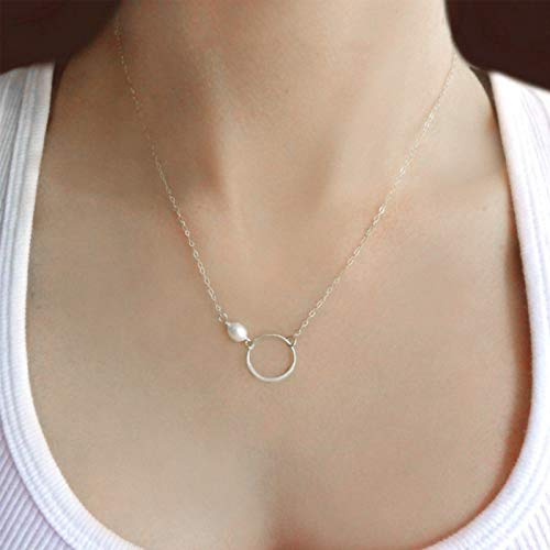TseenYi Circle Karma Halskette, Choker, kleine Perlen, kurze Schlüsselbein-Halskette, Schmuck für Damen und Mädchen, Metall Silber, Perle