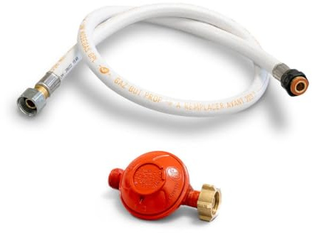 KEMPER - Anschluss-Set für Propangas, 13 kg – Druckminderer 37 mbar mit Durchflussbegrenzer und flexiblem Schlauch 1 m – Schraubanschlüsse G1/2 und 20/150 – sichere Installation