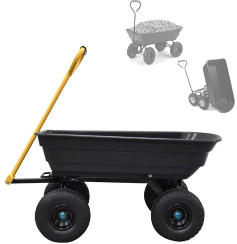 Carrello da Giardino Ribaltabile 75L - Rimorchio a Mano per Esterno con 4 Ruote Pneumatiche, Portata 180kg - Carretto Trasporto Legna, Foglie e Attrezzi