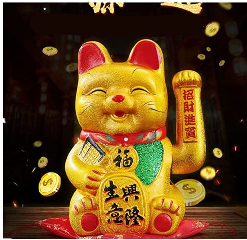 XIGUI Lucky Cat Beckoning Ceramic Maneki Neko with Waving Arm Gold Battery Operated Japanese Fengshui Cat (7 inches)
