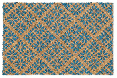 Relaxdays Fußmatte aus Kokos, florales Design, Türmatte für außen & innen, gummierte Kokosmatte 60x40 cm, blau/Natur